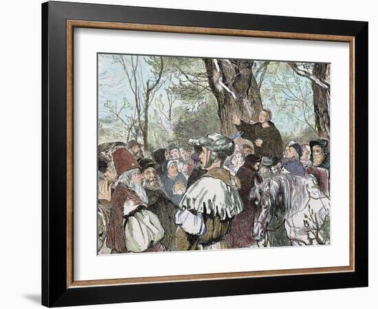 German Reformer, Luther's Preaching to the Crowd in Moera. Colored Engraving from 1882-Prisma Archivo-Framed Photographic Print