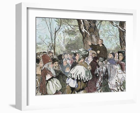 German Reformer, Luther's Preaching to the Crowd in Moera. Colored Engraving from 1882-Prisma Archivo-Framed Photographic Print