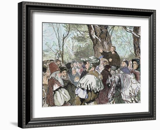 German Reformer, Luther's Preaching to the Crowd in Moera. Colored Engraving from 1882-Prisma Archivo-Framed Photographic Print