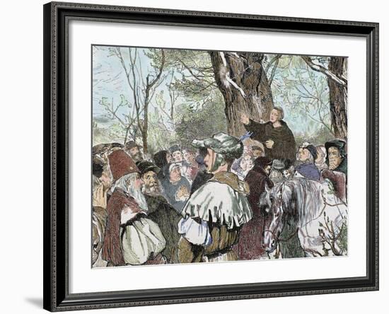 German Reformer, Luther's Preaching to the Crowd in Moera. Colored Engraving from 1882-Prisma Archivo-Framed Photographic Print