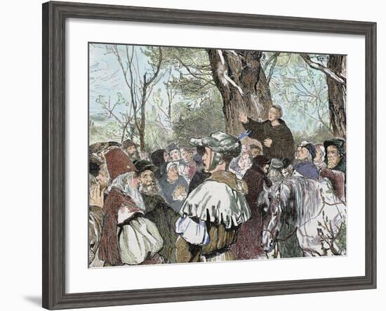 German Reformer, Luther's Preaching to the Crowd in Moera. Colored Engraving from 1882-Prisma Archivo-Framed Photographic Print