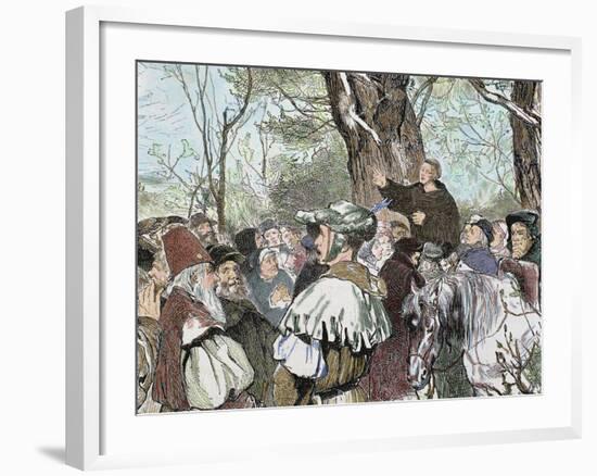 German Reformer, Luther's Preaching to the Crowd in Moera. Colored Engraving from 1882-Prisma Archivo-Framed Photographic Print