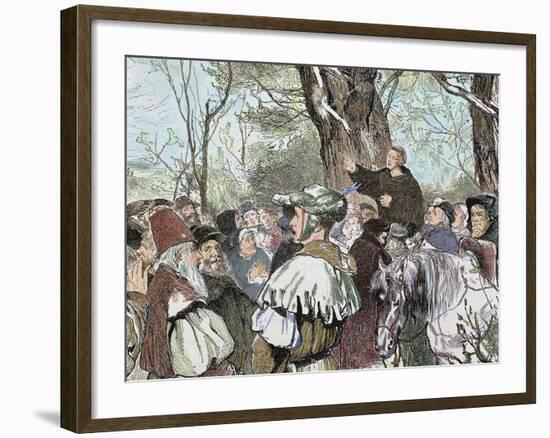 German Reformer, Luther's Preaching to the Crowd in Moera. Colored Engraving from 1882-Prisma Archivo-Framed Photographic Print