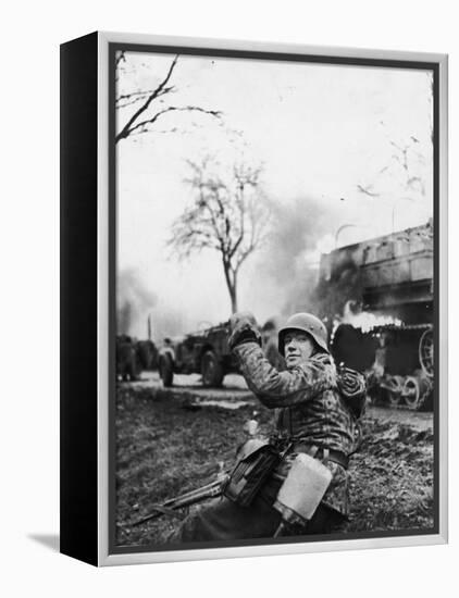 German Soldier Urging Comrades Forward During the Battle of the Bulge-null-Framed Premier Image Canvas