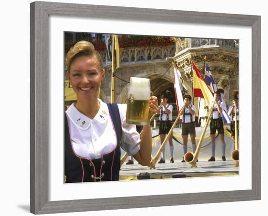 German Woman Holding Stein of Beer, Oktoberfest-Bill Bachmann-Framed Photographic Print