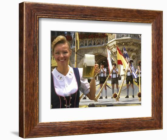 German Woman Holding Stein of Beer, Oktoberfest-Bill Bachmann-Framed Photographic Print