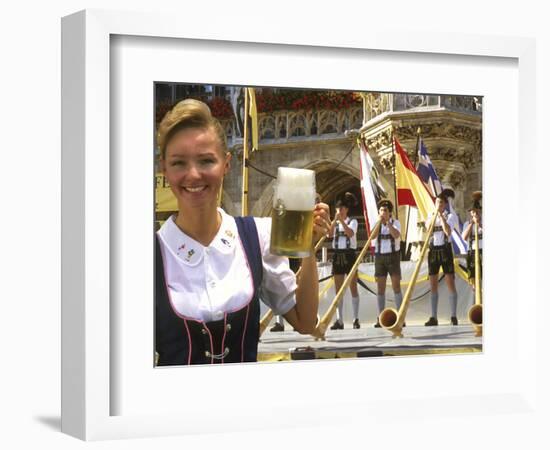German Woman Holding Stein of Beer, Oktoberfest-Bill Bachmann-Framed Photographic Print