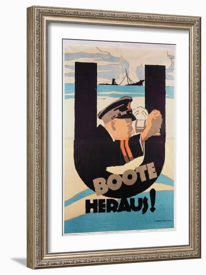 German World War 1 Poster, "U Boote Heraus" (U Boats Away) (Colour Litho)-Hans Rudi Erdt-Framed Giclee Print