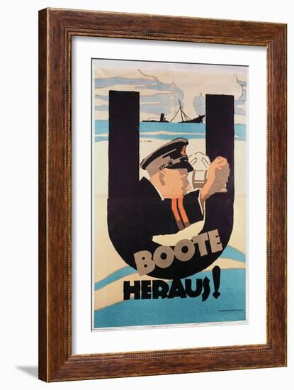 German World War 1 Poster, "U Boote Heraus" (U Boats Away) (Colour Litho)-Hans Rudi Erdt-Framed Giclee Print