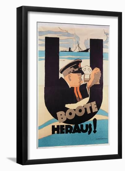 German World War 1 Poster, "U Boote Heraus" (U Boats Away) (Colour Litho)-Hans Rudi Erdt-Framed Giclee Print