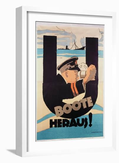 German World War 1 Poster, "U Boote Heraus" (U Boats Away) (Colour Litho)-Hans Rudi Erdt-Framed Giclee Print