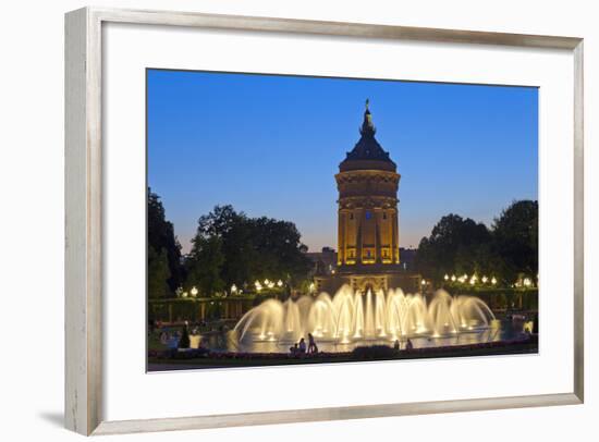 Germany, Baden-Wurttemberg, Mannheim, Water Tower, Water Fountains, in the Evening-Chris Seba-Framed Photographic Print