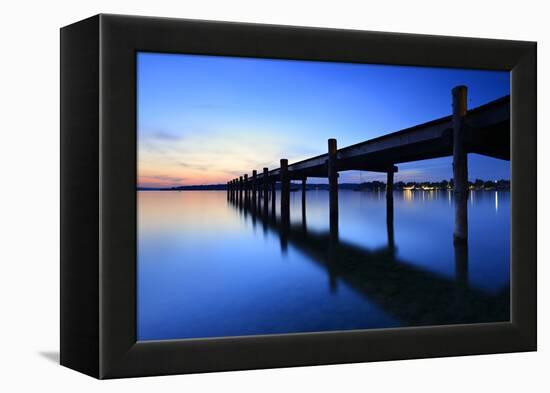 Germany, Bavaria, Ammersee (Lake Ammer), Herrsching, Footbridge at Sundown-Andreas Vitting-Framed Premier Image Canvas