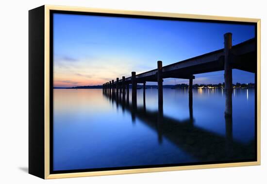 Germany, Bavaria, Ammersee (Lake Ammer), Herrsching, Footbridge at Sundown-Andreas Vitting-Framed Premier Image Canvas