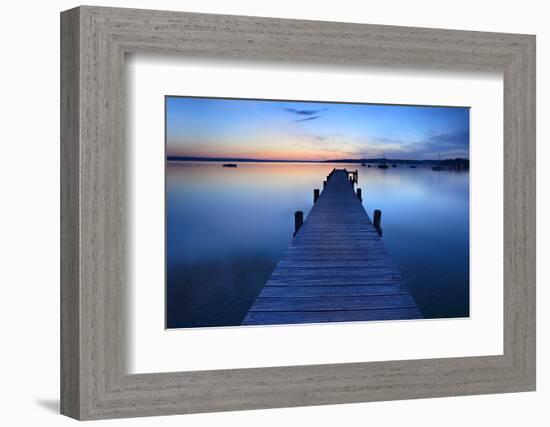 Germany, Bavaria, Ammersee (Lake Ammer), Herrsching, Footbridge at Sundown-Andreas Vitting-Framed Premium Photographic Print