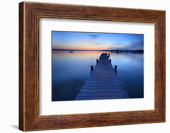 Germany, Bavaria, Ammersee (Lake Ammer), Herrsching, Footbridge at Sundown-Andreas Vitting-Framed Photographic Print