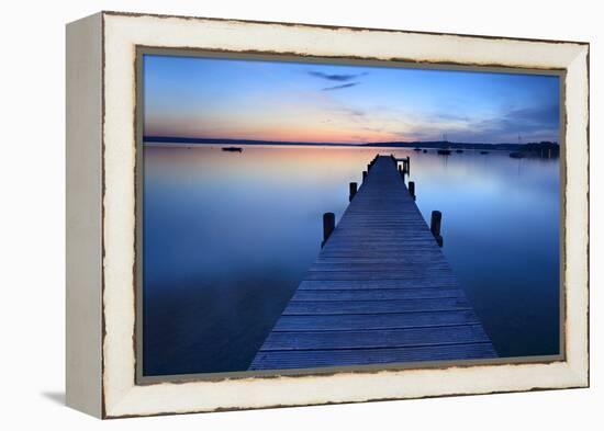 Germany, Bavaria, Ammersee (Lake Ammer), Herrsching, Footbridge at Sundown-Andreas Vitting-Framed Premier Image Canvas