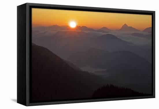 Germany, Bavaria, Bavarian Alpine Foothills, Jochberg, Sunrise Above the Mangfallgebirge, Halserspi-Bernd Rommelt-Framed Premier Image Canvas