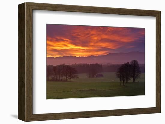 Germany, Bavaria, Faistenberg, Red Sky About the Bavarian Alpine Foothills and the Mangfallgebirge-Bernd Rommelt-Framed Photographic Print