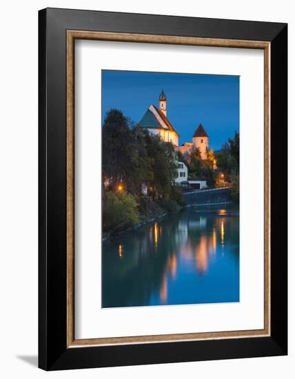 Germany, Bavaria, Fussen, Franciscan Abbey Church and Lech River, Evening-Walter Bibikow-Framed Photographic Print