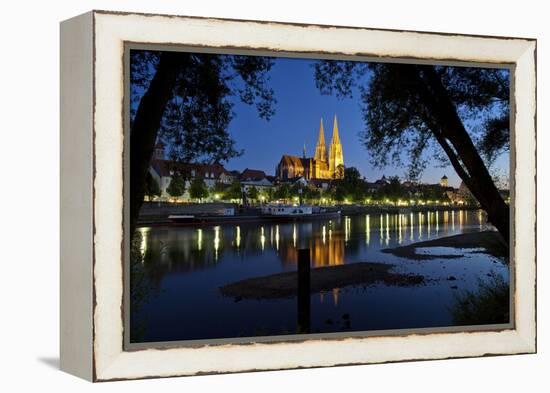 Germany, Bavaria, Regensburg, Danube Shore, Dusk, Cathedral-Chris Seba-Framed Premier Image Canvas