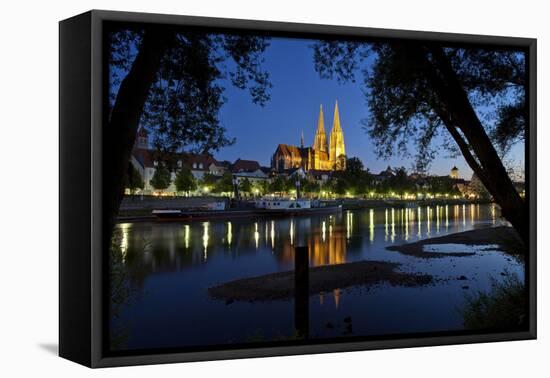 Germany, Bavaria, Regensburg, Danube Shore, Dusk, Cathedral-Chris Seba-Framed Premier Image Canvas