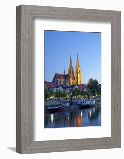 Germany, Bavaria, Regensburg, Danube Shore, Dusk, Cathedral-Chris Seba-Framed Photographic Print