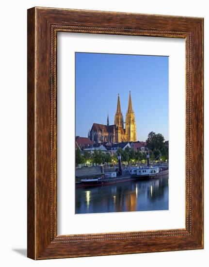 Germany, Bavaria, Regensburg, Danube Shore, Dusk, Cathedral-Chris Seba-Framed Photographic Print