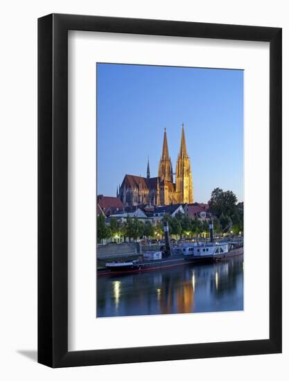 Germany, Bavaria, Regensburg, Danube Shore, Dusk, Cathedral-Chris Seba-Framed Photographic Print