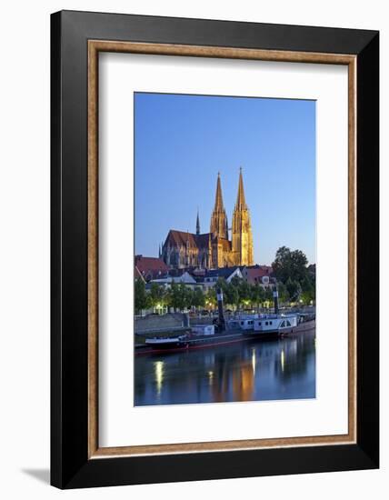 Germany, Bavaria, Regensburg, Danube Shore, Dusk, Cathedral-Chris Seba-Framed Photographic Print