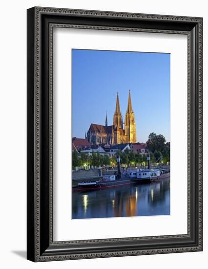 Germany, Bavaria, Regensburg, Danube Shore, Dusk, Cathedral-Chris Seba-Framed Photographic Print