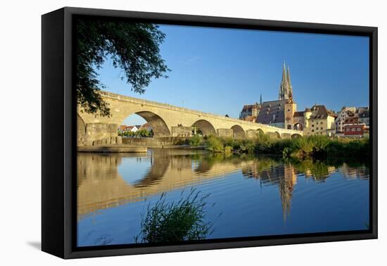 Germany, Bavaria, Regensburg, Old Stone Bridge, the Danube, Cathedral-Chris Seba-Framed Premier Image Canvas