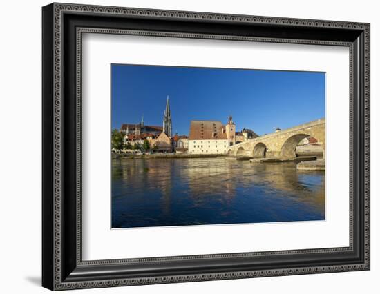 Germany, Bavaria, Regensburg, the Danube, Old Stone Bridge, Cathedral, Salzstadel House-Chris Seba-Framed Photographic Print
