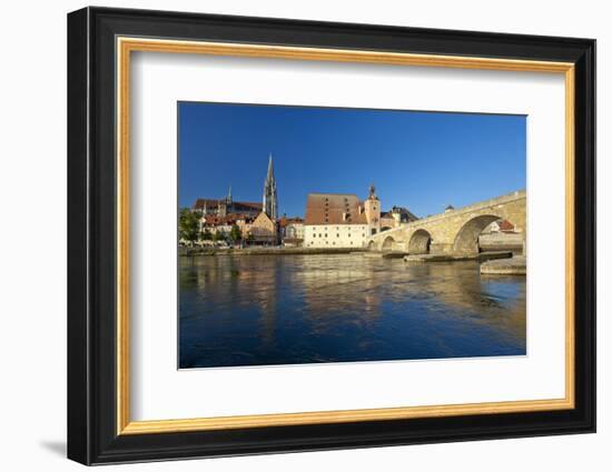 Germany, Bavaria, Regensburg, the Danube, Old Stone Bridge, Cathedral, Salzstadel House-Chris Seba-Framed Photographic Print