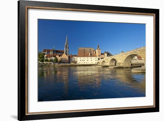 Germany, Bavaria, Regensburg, the Danube, Old Stone Bridge, Cathedral, Salzstadel House-Chris Seba-Framed Photographic Print