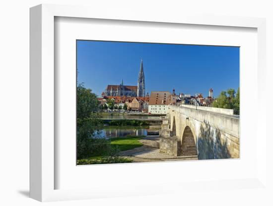 Germany, Bavaria, Regensburg, the Danube, Old Stone Bridge-Chris Seba-Framed Photographic Print