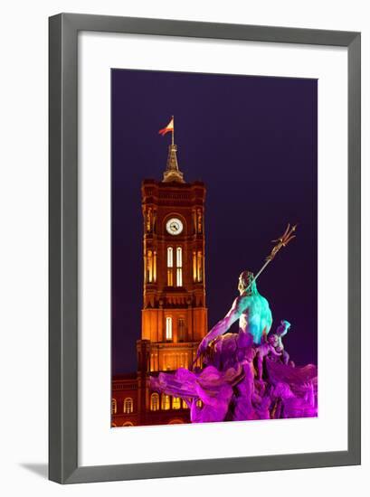 Germany, Berlin, Alexanderplatz Square, Christmas Fair, Illuminated Fountain of Neptune, Evening-Catharina Lux-Framed Photographic Print