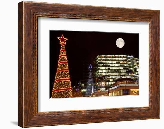 Germany, Berlin, Kudamm, Neues Kranzlereck, Night, Lighting, Christmas Decoration, Full Moon-Catharina Lux-Framed Photographic Print