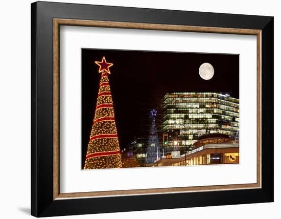 Germany, Berlin, Kudamm, Neues Kranzlereck, Night, Lighting, Christmas Decoration, Full Moon-Catharina Lux-Framed Photographic Print