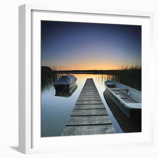 Germany, Brandenburg, Lake, Jetty, Boats, Evening Mood-Andreas Vitting-Framed Photographic Print