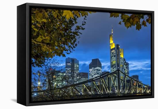 Germany, Hesse, Frankfurt Am Main, Financial District, Skyline with Iron Footbridge at Dusk-Bernd Wittelsbach-Framed Premier Image Canvas