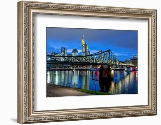 Germany, Hesse, Frankfurt Am Main, Financial District, Skyline with Iron Footbridge at Dusk-Bernd Wittelsbach-Framed Photographic Print