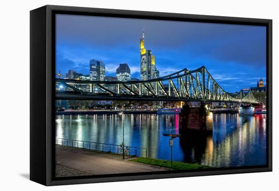 Germany, Hesse, Frankfurt Am Main, Financial District, Skyline with Iron Footbridge at Dusk-Bernd Wittelsbach-Framed Premier Image Canvas