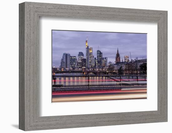 Germany, Hesse, Frankfurt on the Main, Skyline at Dusk, Light Tracks of Passing Cars-Bernd Wittelsbach-Framed Photographic Print