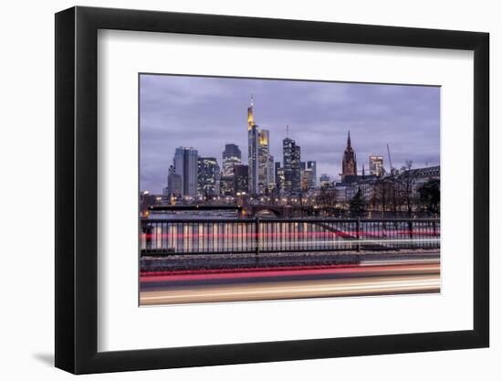 Germany, Hesse, Frankfurt on the Main, Skyline at Dusk, Light Tracks of Passing Cars-Bernd Wittelsbach-Framed Photographic Print