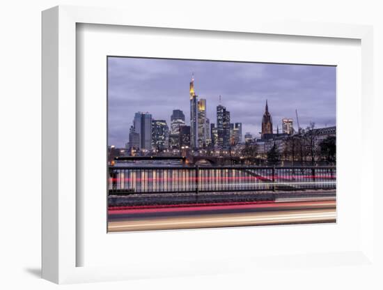 Germany, Hesse, Frankfurt on the Main, Skyline at Dusk, Light Tracks of Passing Cars-Bernd Wittelsbach-Framed Photographic Print