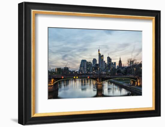 Germany, Hesse, Frankfurt on the Main, Skyline with Ignaz Bubis Bridge at Dusk-Bernd Wittelsbach-Framed Photographic Print