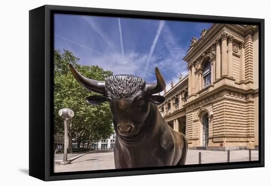 Germany, Hessen, Frankfurt Am Main, Exchange Place, Bull Sculpture with Frankfurter Wertpapierbšrse-Udo Siebig-Framed Premier Image Canvas