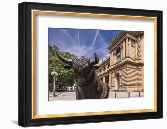 Germany, Hessen, Frankfurt Am Main, Exchange Place, Bull Sculpture with Frankfurter Wertpapierbšrse-Udo Siebig-Framed Photographic Print