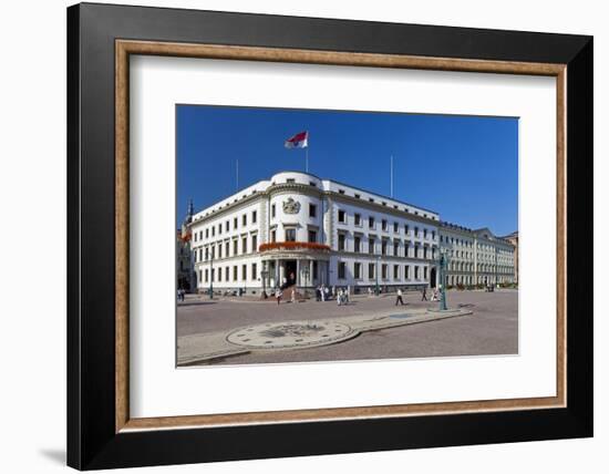 Germany, Hessen, State Capital, Wiesbaden, Hessian Landtag, State Flag, Cobblestones, Street Lamp-Chris Seba-Framed Photographic Print